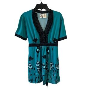 Y2K Teal Floral Blouse with Black Accents Baby Doll Empire Waist Medium 🖤